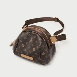 Vintage brown monogram women's crossbody bag, stylish casual shoulder handbag for ladies.
