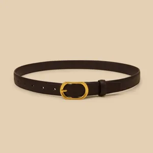 Stylish brown leather belt for women with elegant oval gold buckle, versatile jeans accessory.