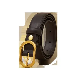 Stylish women's leather belt with gold buckle, versatile jeans accessory for daily wear.