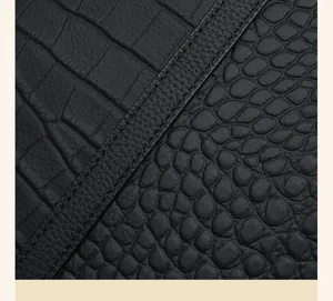 Close-up view of premium black crocodile texture leather bag detail with neat stitching.