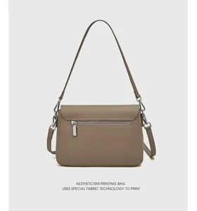 Stylish genuine leather shoulder bag for women, pure color casual crossbody bag with zipper pocket.