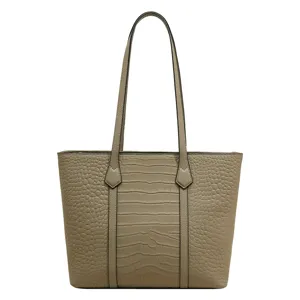 Elegant taupe crocodile pattern leather tote bag for women, spacious shoulder bag main view