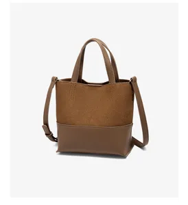 Elegante borsa a secchiello marrone da donna stile retro casual tracolla dettaglio.