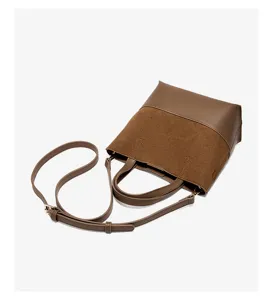 Borsa a secchiello in pelle e camoscio marrone, borsa a tracolla retrò per donna.
