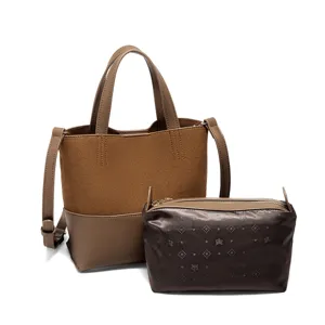 Set borsa a mano marrone e pochette da donna, elegante borsa a tracolla in pelle PU.