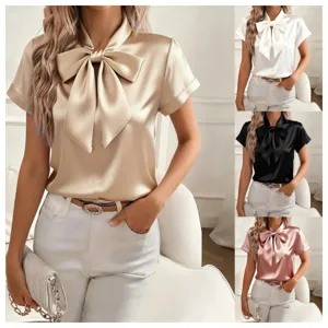 Blusa de Manga Corta de Satén con Lazo para Mujer Color Sólido Parte Superior Elegante