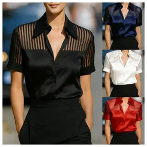 Women's Elegant Commuter V-Neck Satin Splicing Sheer Striped Short Sleeve Casual Blouse Top Fashion Apparel