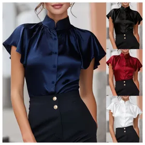 Camicia da Donna Casual con Collo alla Coreana Manica a Volant Tinta Unita in Poliestere Estiva Commuting Minimalista