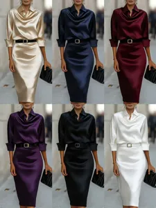 Detailed view of elegant long sleeve satin midi dress featuring chic shirt collar and belt.