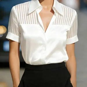 Detail view of the V-neck satin sheer striped short sleeve blouse showcasing exquisite texture.
