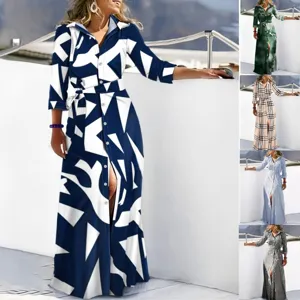 Women long sleeve shirt dress button front belted maxi dress casual elegant printed long dress