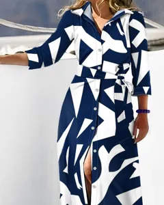 Long sleeve printed shirt dress with belt, elegant casual geometric pattern maxi dress for women.