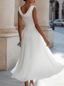 Elegant white sleeveless cowl neck midi dress with a fitted waist and flared hem for women.