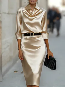 Detailed view of the elegant satin long sleeve midi dress with waist belt for women.