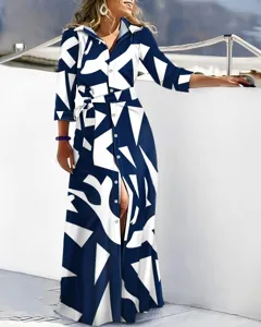 Women Long Sleeve Geometric Print Maxi Shirt Dress Casual Button Down Belted Long Dress