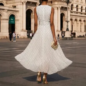Élégante robe longue sans manches à pois blancs, style français taille fine évasée.