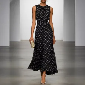 Robe longue sans manches noire et blanche à pois, élégante robe trapèze style français chic.