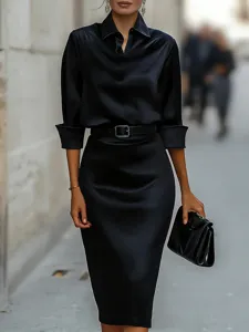 Women black satin long sleeve midi dress slim fit elegant party dress with belt