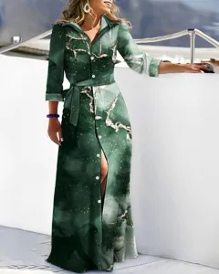 Long sleeve green marble print maxi shirt dress with belt for women autumn fashion style.