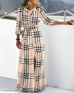 Women's long sleeve plaid shirt dress casual elegant maxi dress with belt for autumn.