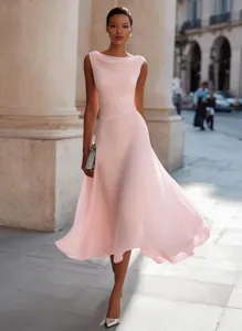 Elegant sleeveless midi dress detail showcasing draped neckline and pleated waist design.