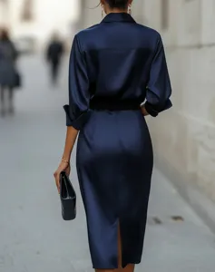 Dark blue satin long sleeve midi dress for women, elegant slim fit office lady style.