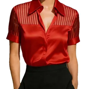 Red satin short sleeve blouse for women, stylish V-neck design with sheer striped panels.
