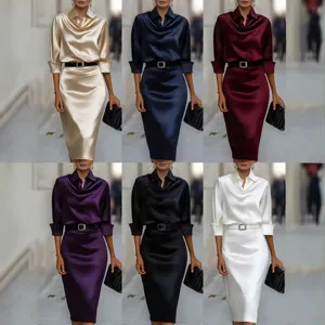 Women's Elegant Long Sleeve Satin Midi Dress Turn-Down Collar Slim Fit Office Commuting Dress With Belt
