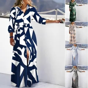 Women's Long Sleeve Printed Shirt Dress Long Maxi Dress Casual V-Neck Button Down Belted Loose Fit Polyester Apparel