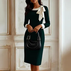 Élégante robe midi à nœud contrasté pour femme manches longues slim robe crayon bureau