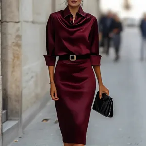 Women's Elegant Long Sleeve Satin Dress Burgundy Slim Fit Belted Midi Dress Fashion