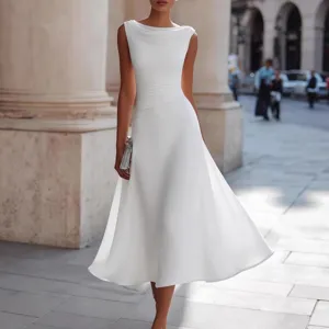 Women Summer White Sleeveless Cowl Neck Midi Dress Cinched Waist Flare Formal Party Gown