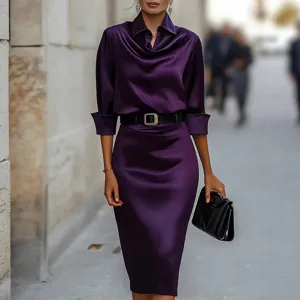 Elegant purple satin long sleeve midi dress with black belt for women main display view