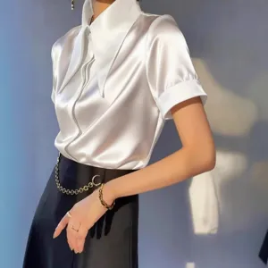 Women's white satin short sleeve blouse, elegant summer chic top main product front view display.