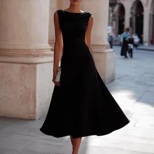 Elegant black cowl neck sleeveless midi dress for women, slim waist flared evening gown.