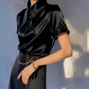 Women summer short sleeve satin blouse elegant casual chic black top for daily office wear