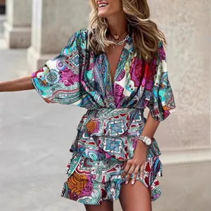 Elegant Women Bohemian Paisley Print V-Neck Batwing Sleeve Irregular Hem Casual Mini Dress
