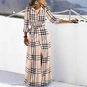Women's Long Sleeve Plaid Maxi Shirt Dress Casual Button Down Belted Long Dress Fashion