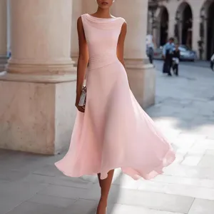 Pink sleeveless cowl neck midi dress for women, elegant summer party wedding guest evening gown.