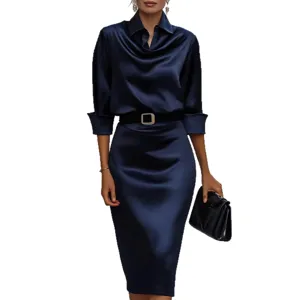 Elegantly styled navy blue satin long sleeve midi dress set with waist belt for daily.