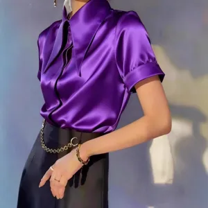 Elegant purple satin short sleeve blouse for women summer casual fashion stylish top
