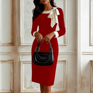 Élégante robe midi moulante à manches longues et nœud colorblock pour femme bureau.