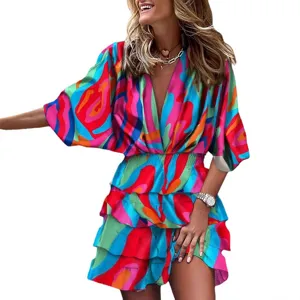 Women's colorful batwing sleeve V-neck ruffled mini dress for stylish autumn wear.