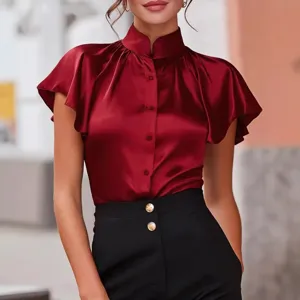 Camicetta in satin elegante con colletto a imbuto e maniche a pipistrello per donne, estate.