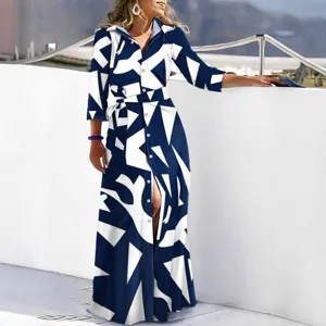 Long sleeve printed shirt dress maxi dress with belt for women fashion autumn wear.