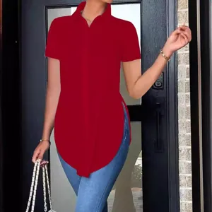 Stylish women's short sleeve red polo shirt with button front and chic side slit design.