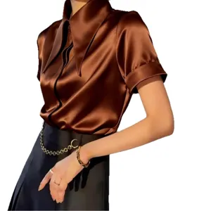 Women's Elegant Satin Short Sleeve Blouse Summer Casual Chic Solid Color Pointed Collar Shirt