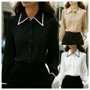 Women's Casual Long Sleeve Blouse Contrast Lapel Single Breasted Button Down Shirt Polyester Commuter Fashion Tops