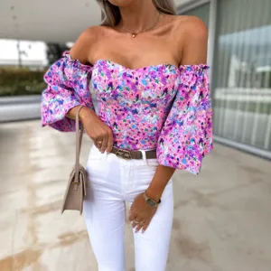 Sexy off-the-shoulder floral print crop top with long bubble sleeves for women spring summer.