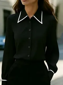 Women's Long Sleeve Black Shirt with Contrast White Lapel Casual Elegant Fashion Button Down Top